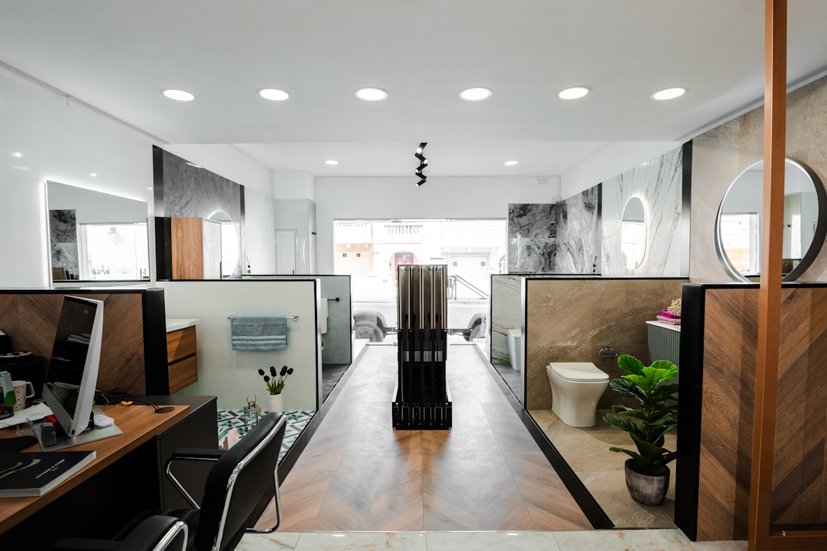 Bathroom and tile displays at Falzon’s showroom