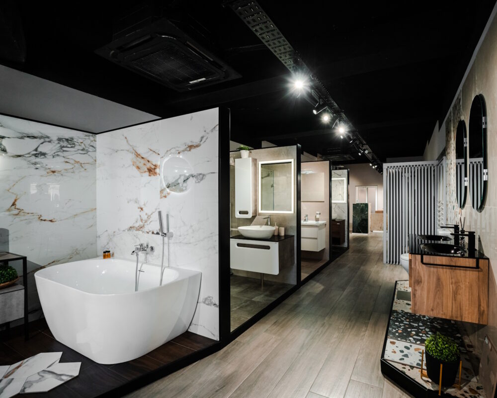 Freestanding bath and vanity displays inside Falzon’s showroom