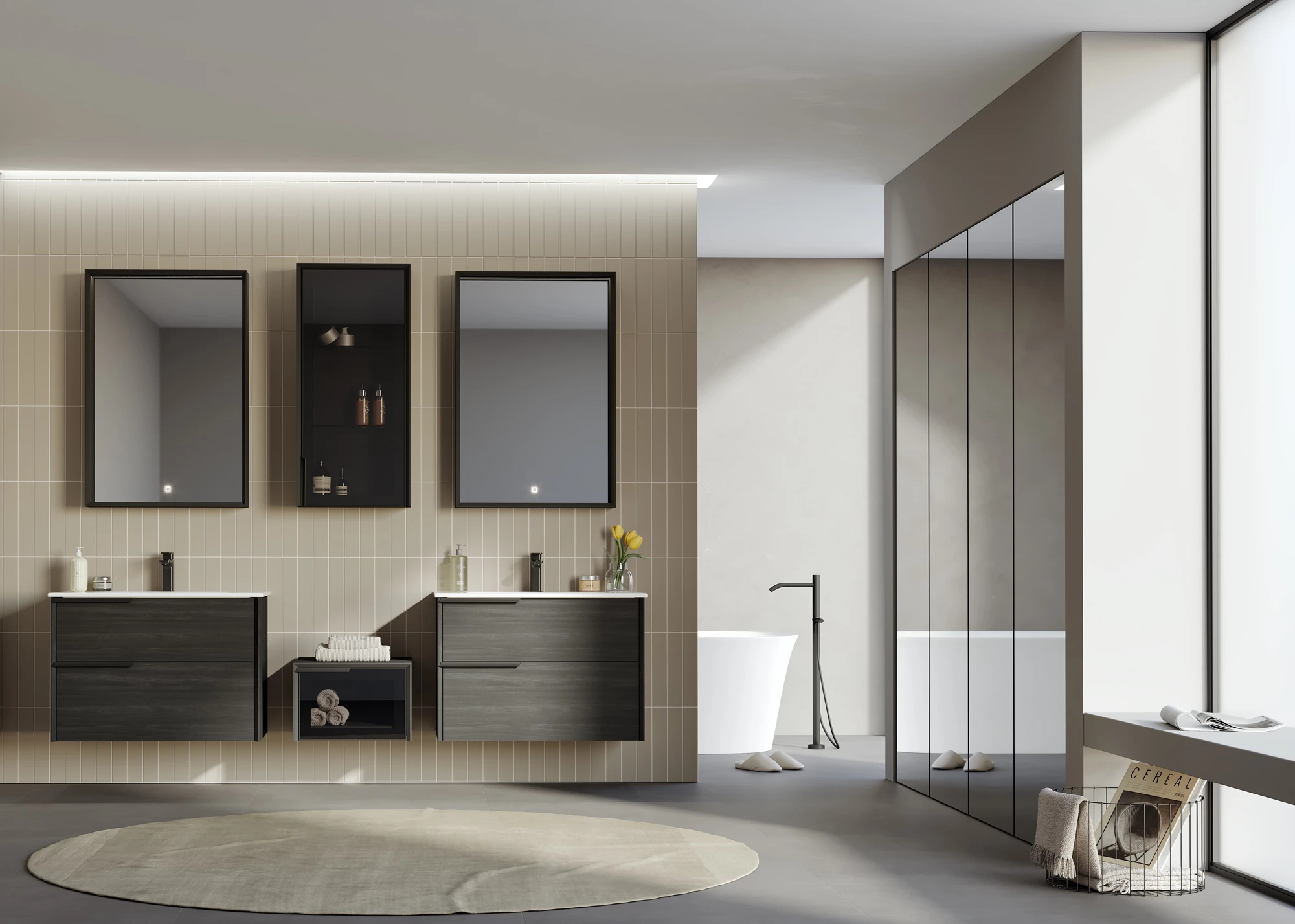 Noventa bathroom furniture with twin basins and mirrors